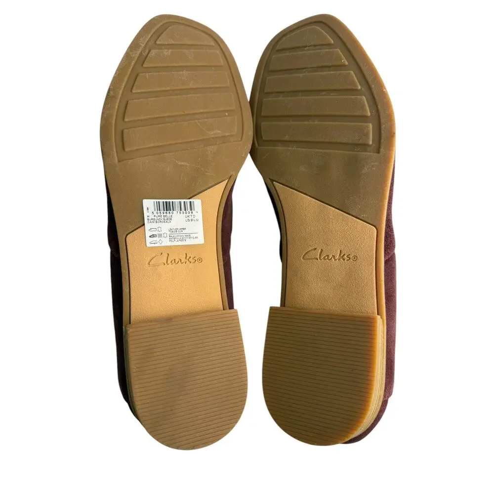 Clarks Women's Pure Belle Burgundy‎ Suede Slip On Dress Loafers Size 9.5 NWOB